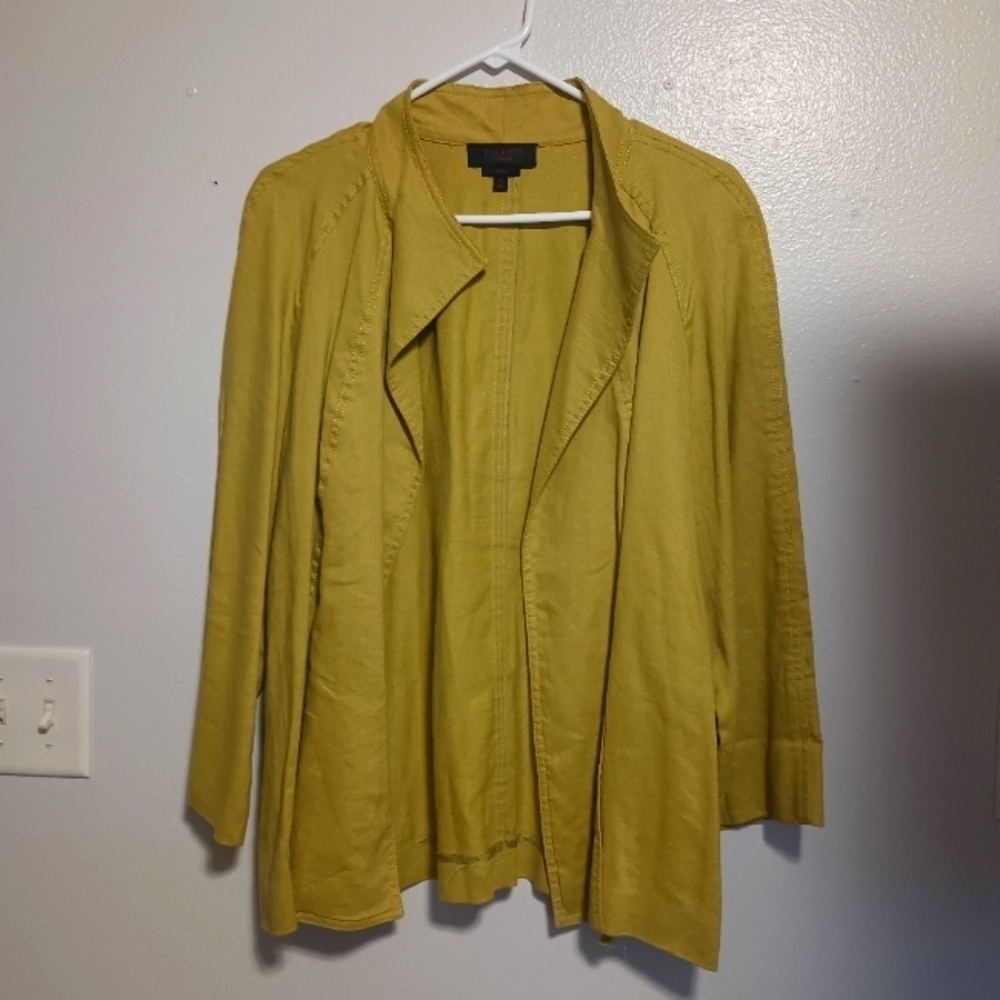 Talbots Linen Jacket Womens size 14 Open Front Stretch Lagenlook Greenish Yellow